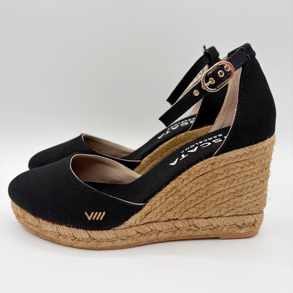 Viscata Barcelona Satuna Black Espadrille Sandals Sz 7 Ankle Buckle Strap Jute